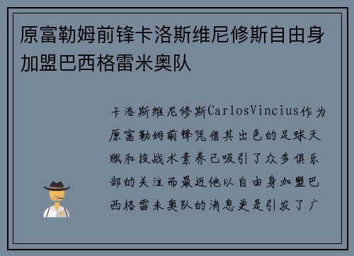 原富勒姆前锋卡洛斯维尼修斯自由身加盟巴西格雷米奥队