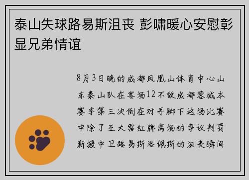泰山失球路易斯沮丧 彭啸暖心安慰彰显兄弟情谊