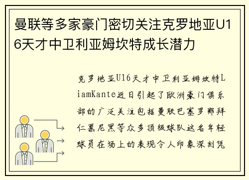 曼联等多家豪门密切关注克罗地亚U16天才中卫利亚姆坎特成长潜力